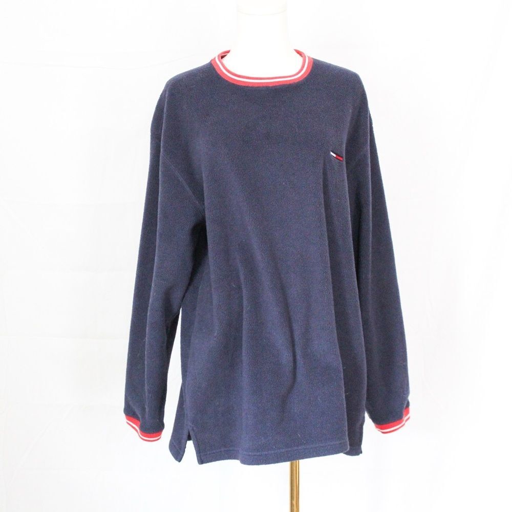 Tommy Hilfiger 2000s Men's Long Sleeve Fleece Crew Sweatshirt Washed Navy Small